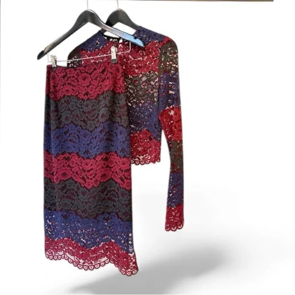 Sandro Red Blue Lace 2 Piece Long Sleeve Lined Pencil MIDI Skirt Set Size 3 US 8 - Picture 1 of 11